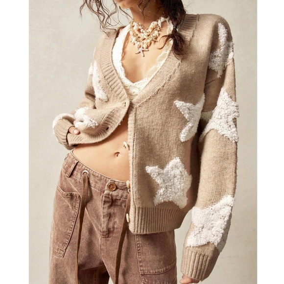 Cozy Fuzzy Star Print Button Down Loose Fit Cardigan - Picture 1 of 7
